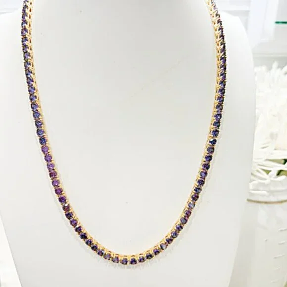 18K Gold Plated Tennis Necklace, 4mm Simulated Purple Amethyst Gemstone - Picture 3 of 6